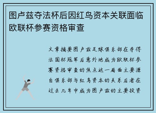 图卢兹夺法杯后因红鸟资本关联面临欧联杯参赛资格审查